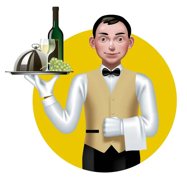 Young waiter with a tray in a yellow circle — Stock Vector