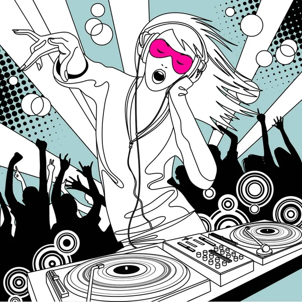 Disc jockey ragazza con un mixer DJ e la gente che balla ad una festa — Vettoriale Stock