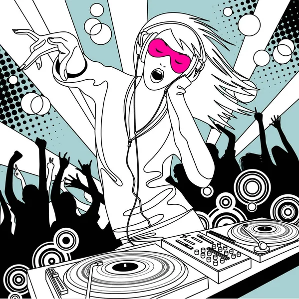 Lemezlovas lány egy Dj keverő és az emberek egy partin tánc — Stock Vector