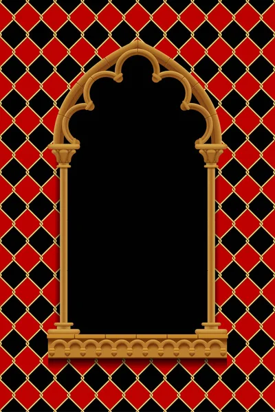 Marco decorativo gótico clásico sobre fondo romboideo rojo y negro — Vector de stock