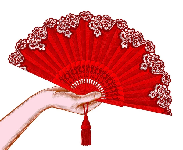 Жіноча рука з червоним відкритим вентилятором — стоковий вектор