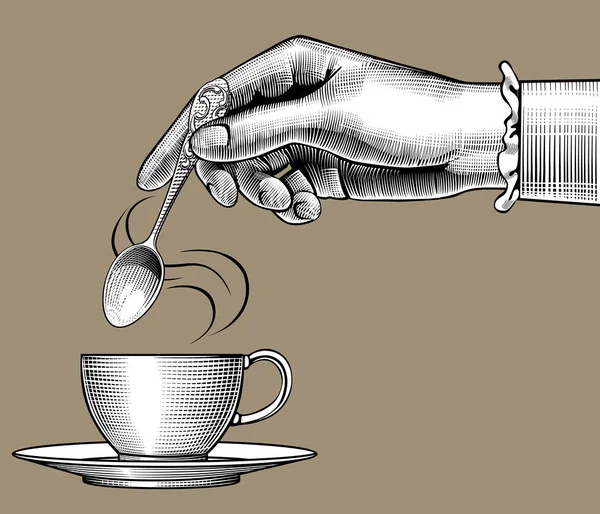 Frauenhand mit Kaffeetasse und Löffel — Stockvektor