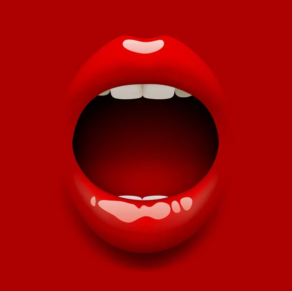 Ανοιχτό το στόμα της γυναίκας με γυαλιστερό σέξι χείλη στο κόκκινο — Διανυσματικό Αρχείο