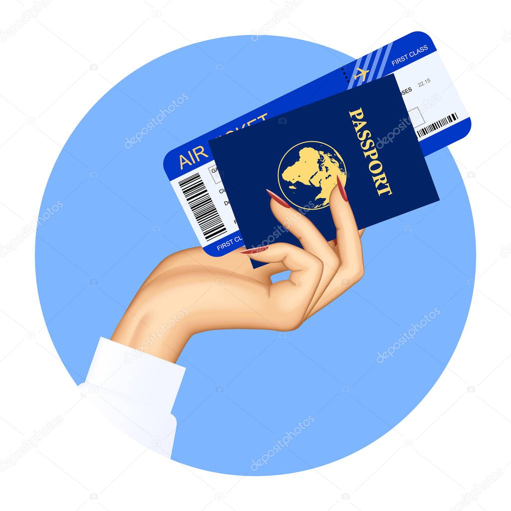 Hand of stewardess with passport and air ticket on round blue background