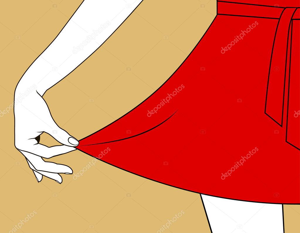 Woman's hand pull the edge of the red dress