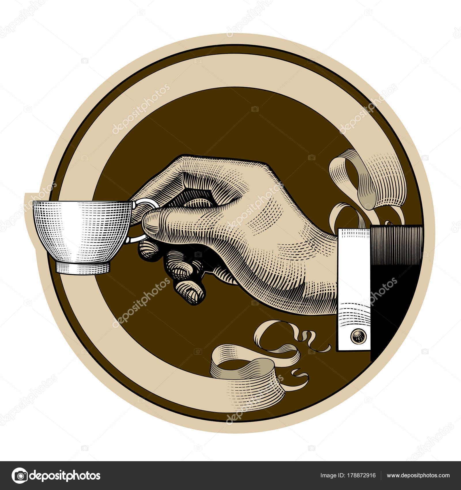 Tondo marrone retro etichetta caff¨ e t¨ con il nastro e la mano dell uomo che tiene una tazza bianca L annata stylized disegno