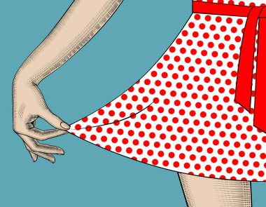 Kadının el çekme benekli dres kenarına