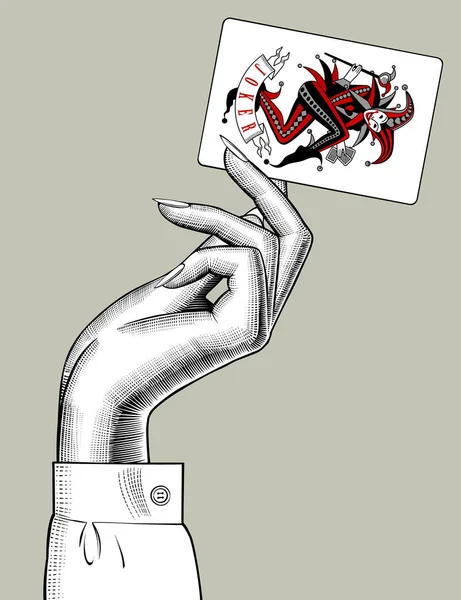 Mano de mujer sosteniendo Joker jugando a las cartas — Vector de stock