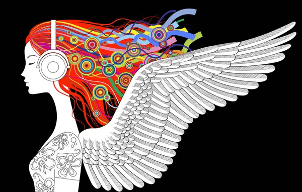 Dessin linéaire de la tête de fille demi-visage avec des ailes — Image vectorielle