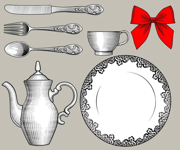 Naczynia stołowe, sztućce i czerwona kokarda w starym stylu — Wektor stockowy