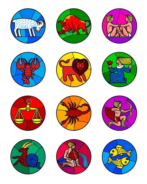 Ronde icon set van kleurrijke dierenriem symbolen geïsoleerd op wit — Stockvector