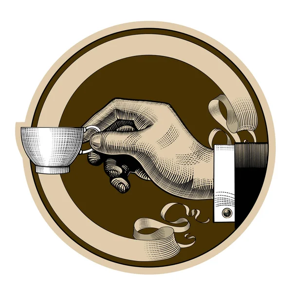 Etiqueta de café retro marrón redondo con cinta y mano de hombre — Vector de stock