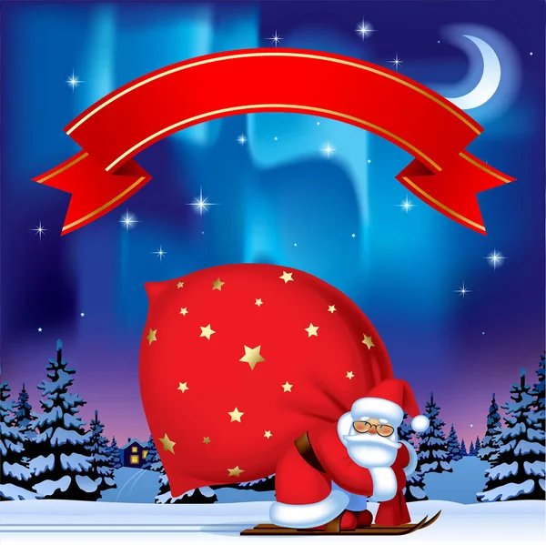 Santa Claus by ski carrying a big red sack and Red Ribbon agains — Stock Vector