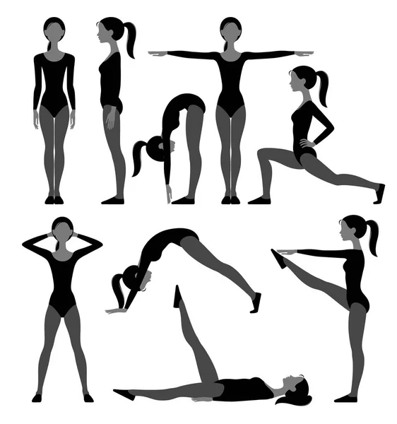 Conjunto de silueta de chica delgada en traje de fitness haciendo ejercicios isol — Archivo Imágenes Vectoriales