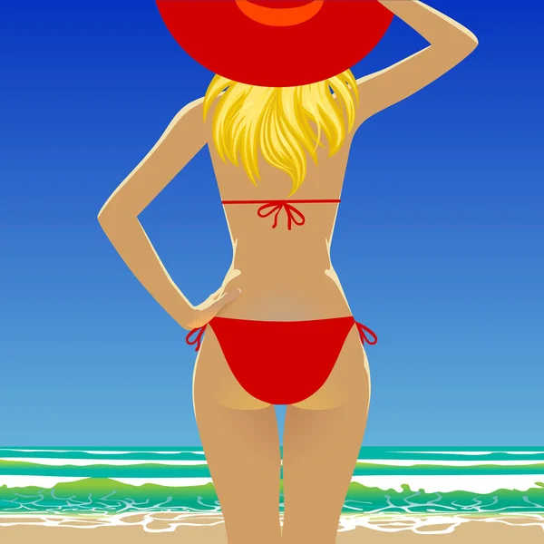 Flicka i röd baddräkt och hatt tittar på havet — Stock vektor