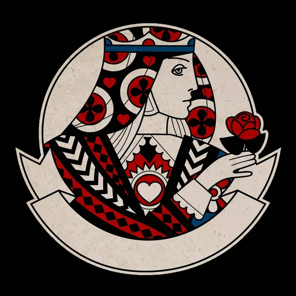 Forme ronde avec le visage Queen et ruban pour texte sur carton — Image vectorielle