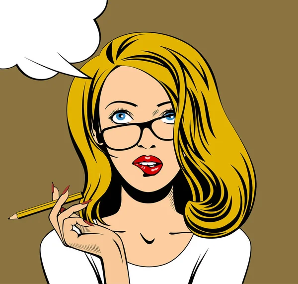 Mujer rubia de negocios en gafas mirando hacia arriba y mordiéndose los labios — Vector de stock