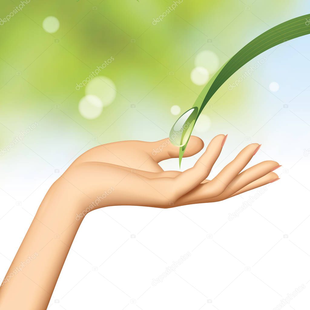 Woman's hand under water drop flowing down the green leaf