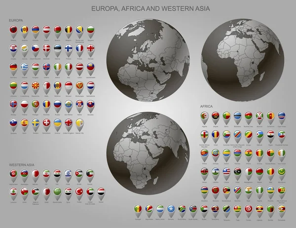Penanda peta dengan bendera Eropa, Afrika dan Asia Barat dan dunia - Stok Vektor