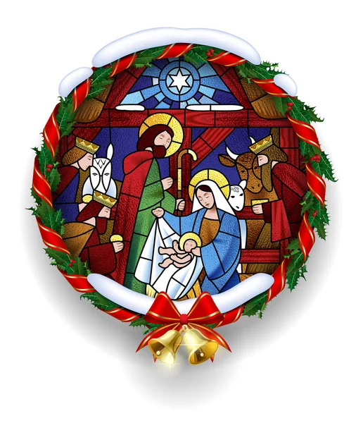 Ronde gekleurd glas met de Kerst-scene — Stockvector