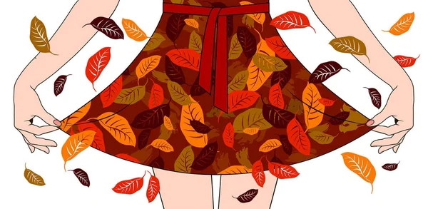 Woman's hands pull the edge of the dress with autumn fall decora — Stock Vector