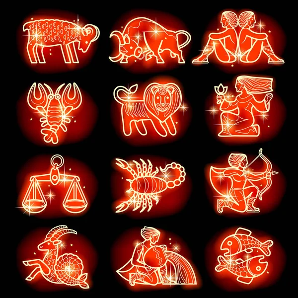 Ensemble de signes zodiacaux linéaires lumineux rouges avec figures — Image vectorielle