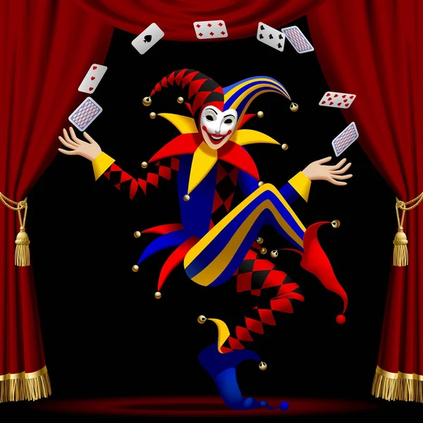 小丑用红色窗帘耕种的纸牌 — 图库矢量图片