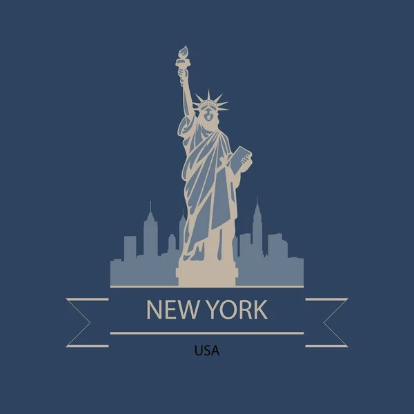 Bandeira de viagem ou logotipo de Nova York e EUA com a estátua da liberdade e silhueta de paisagem urbana . —  Vetores de Stock