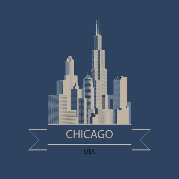 Banner de viagem ou logotipo de Chicago e EUA com a silhueta de edifícios modernos —  Vetores de Stock