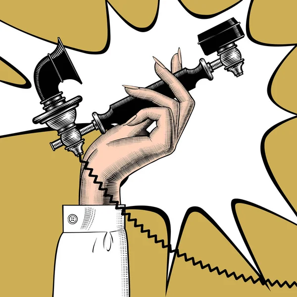 Main de femme avec téléphone noir rétro — Image vectorielle