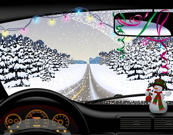 Estrada de inverno em queda de neve de dentro do carro — Vetor de Stock
