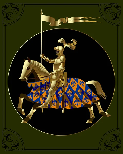Goldener Ritter in einem schwarzen Kreis auf dunkelgrünem Hintergrund mit Vintage-Rahmen — Stockvektor