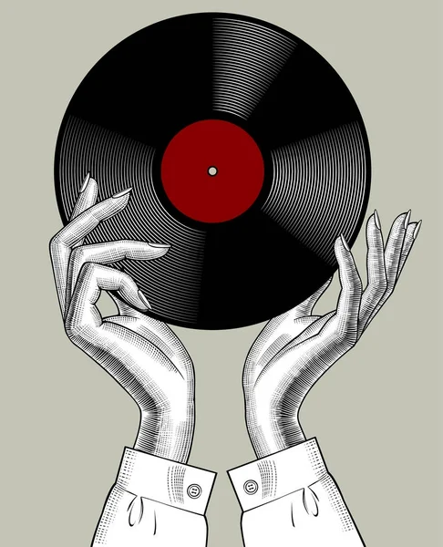Mains de femme avec un disque de gramophone — Image vectorielle