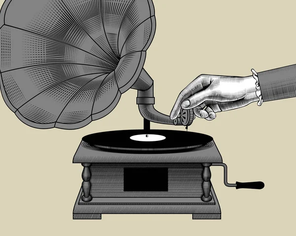 Vrouw hand met oude grammofoon — Stockvector