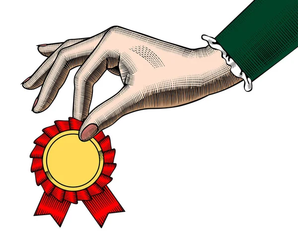 Main de femme avec un signe de récompense — Image vectorielle