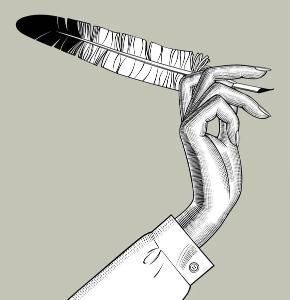 羽ペンを持つ女の手 — ストックベクタ