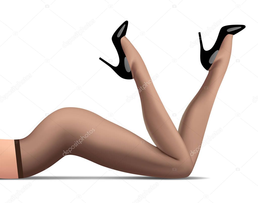 Legs of lying woman in dark pantyhose and high-heeled glossy bla