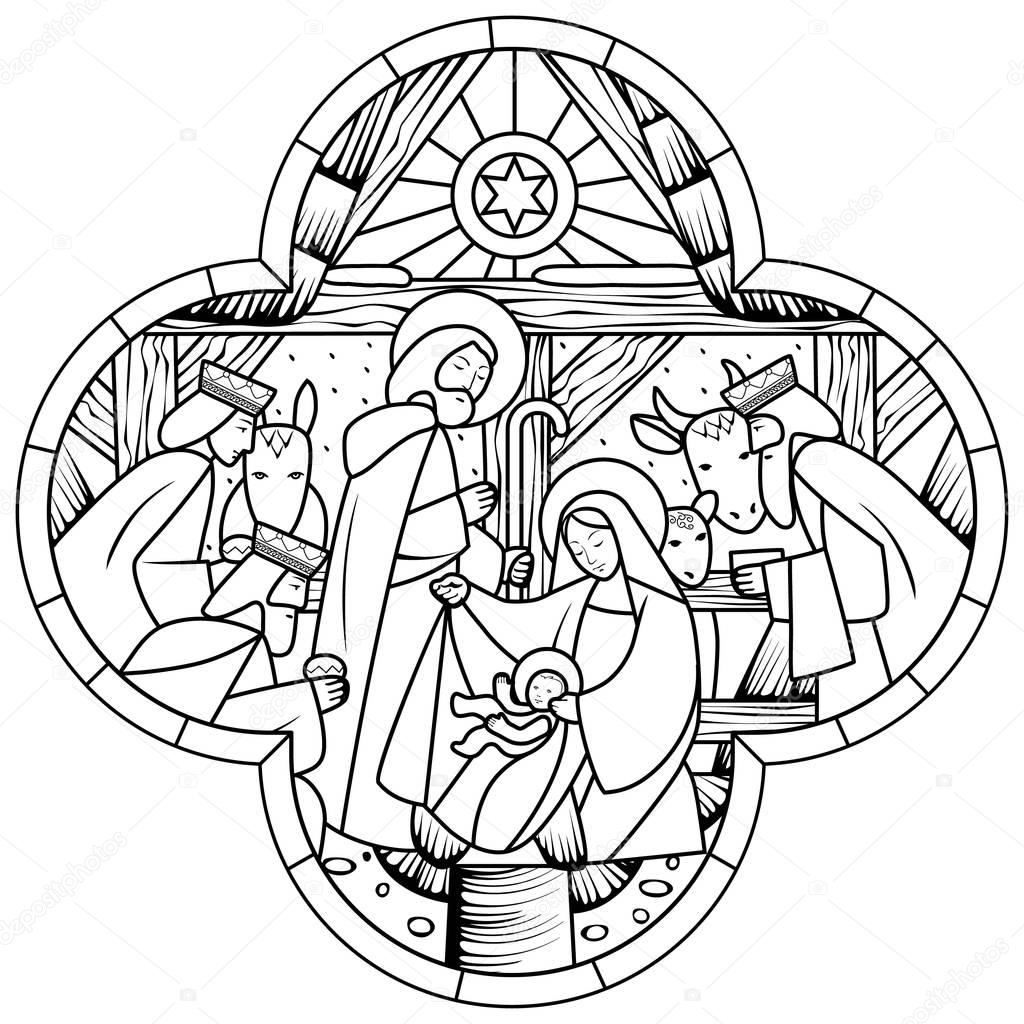 Linear drawing of Birth of Jesus Christ scene in cross shape