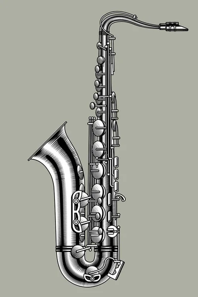 Saxofone em cores preto e branco. Gravura vintage estilizado — Vetor de Stock