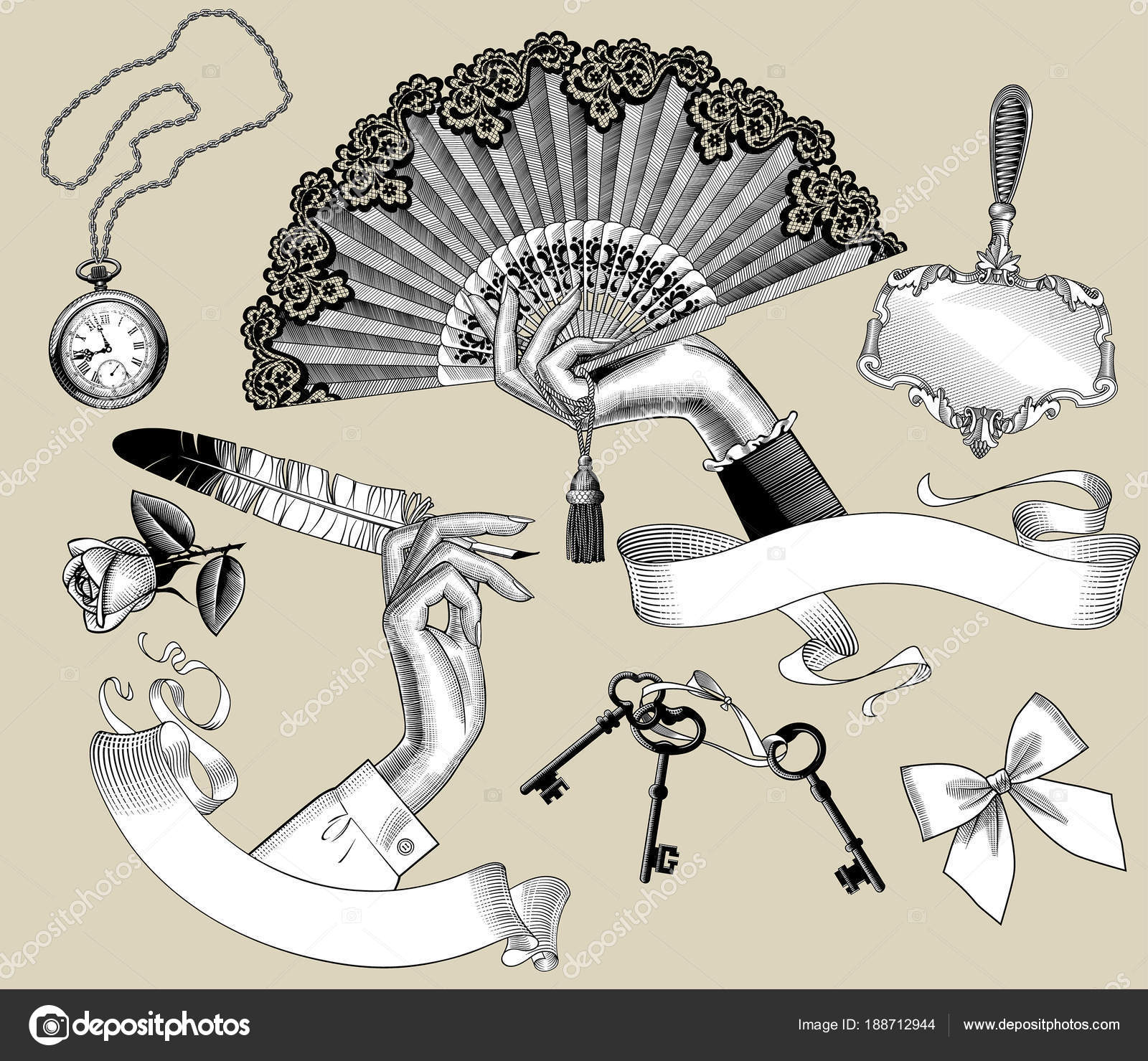 Set of vintage engraving stylized drawings of woman\u0027s hands