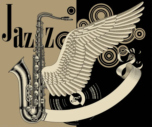 Jazzfestival-Plakat mit Saxophon, Flügel und altem Banner — Stockvektor