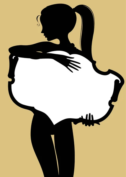 Silueta negra de chica desnuda fina sosteniendo una pancarta vintage — Archivo Imágenes Vectoriales