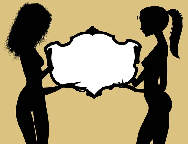 Silhouette noire de deux belles filles nues tenant un cadre vintage — Image vectorielle