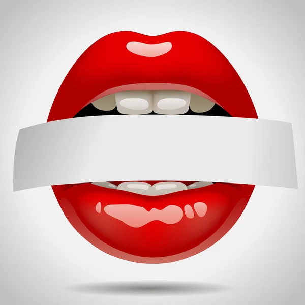 Lábios vermelhos de brilho sexy feminino com uma fita de papel nos dentes —  Vetores de Stock