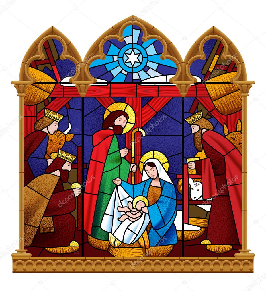 Stained glass window depicting Christmas scene in gothic frame i