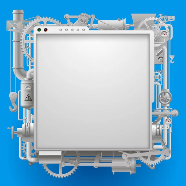 Placa de sinalização de maquinaria complexa branca e quadro em azul — Vetor de Stock