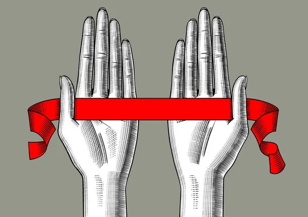 Frauenhandflächen nach oben mit roter Schleife — Stockvektor