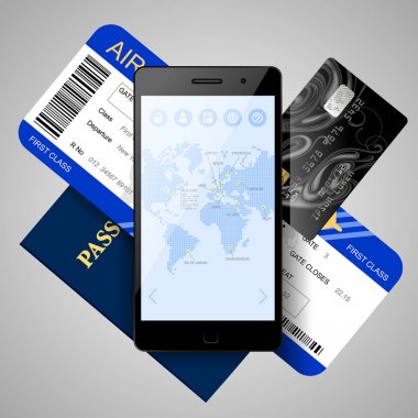 Dünya Haritası ekranında, uçak bileti, cep telefonuyla kredi ca