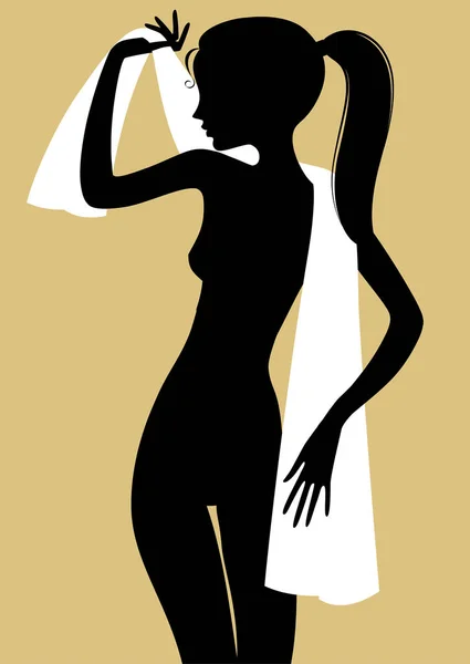 Silhouette nera di stare in piedi ragazza fine con un asciugamano bianco — Vettoriale Stock
