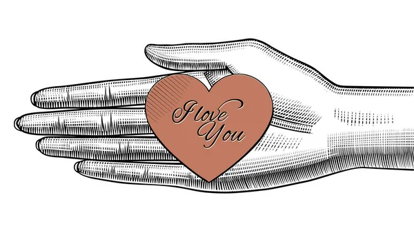 Main de femme tenant sur la paume un coeur de papier rouge avec j'aime Y — Image vectorielle